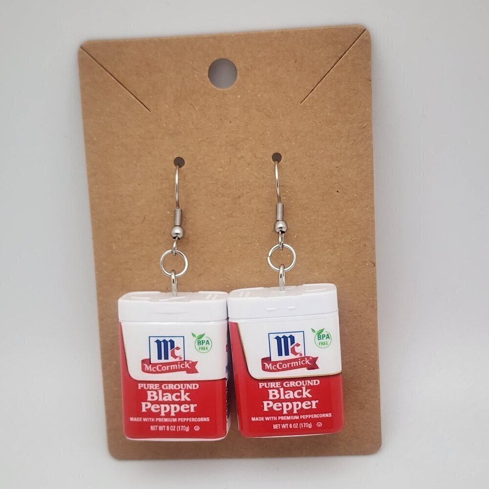 Mini-Brands "McCormick Black Pepper" Stainless Steel Fishhook Earrings - Picture 2 of 3